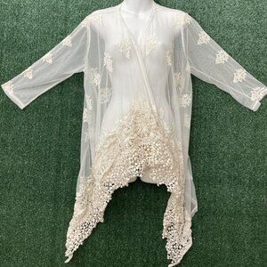 Casual Express Cardigan Women's Cream White Sheer Mesh Embroidered Boho Sz XL